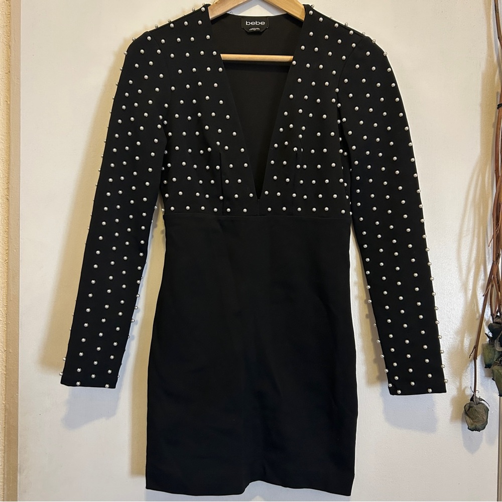 Bebe deep plunge long sleeve mini dress with pearl beading - size S